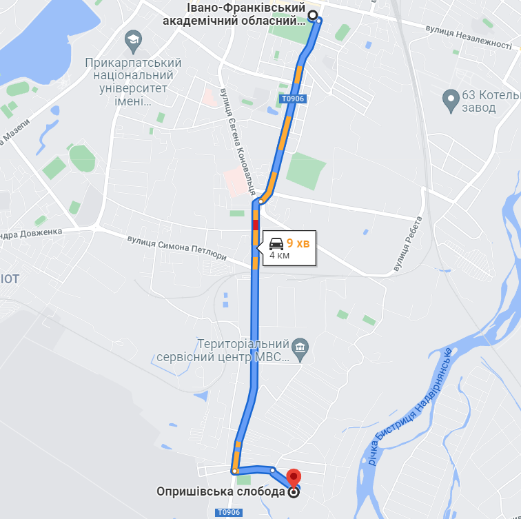 Дорога від Опришівська слобода до центру Івано-Франківська забирає кілька хвилин