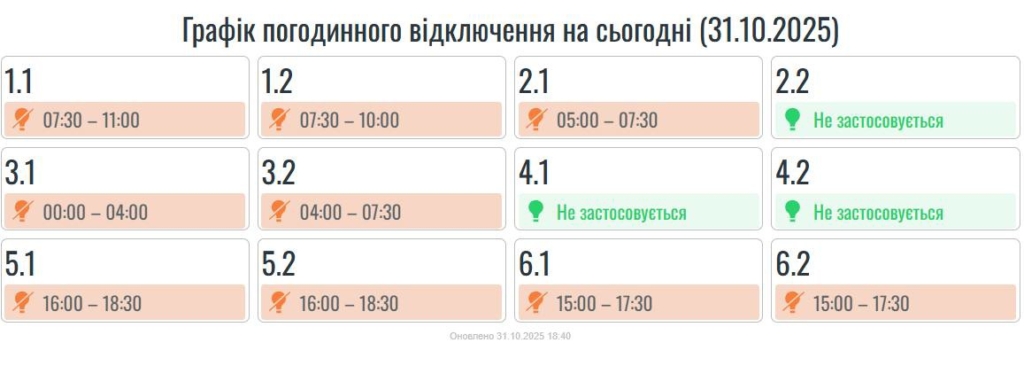 Графік відключень світла на Прикарпатті на 31 жовтня. ОНОВЛЕНО 1