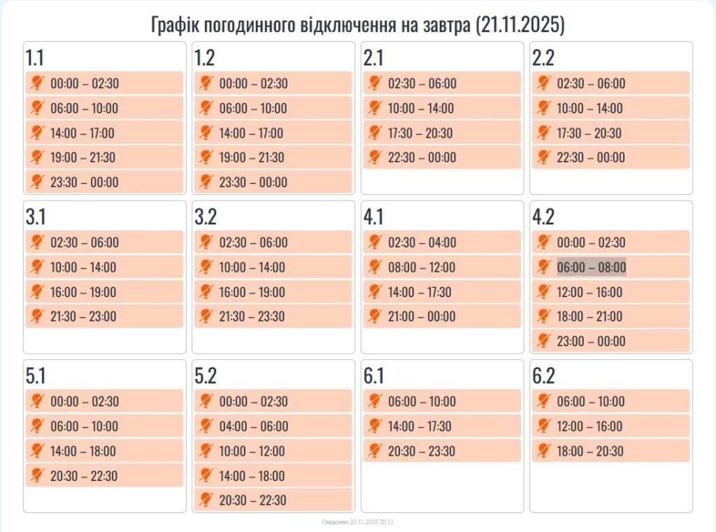 Графіки погодинних вимкнень на Прикарпатті 21 листопада 1