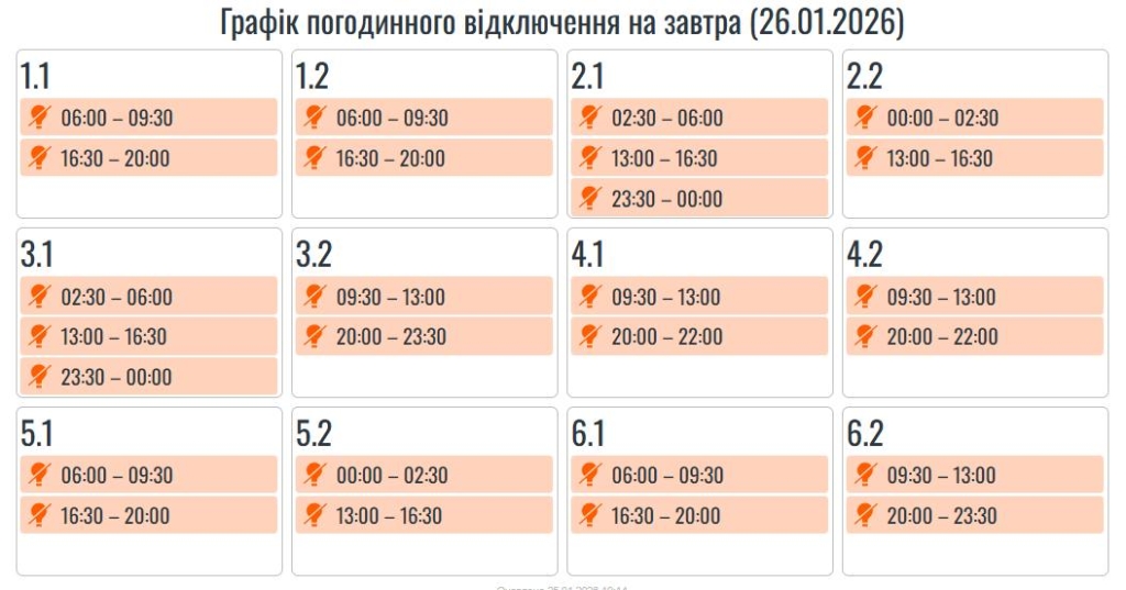 Графіки погодинних вимкнень на Прикарпатті 26 січня 1