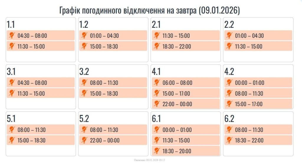 Графіки погодинних вимкнень на Прикарпатті 9 січня 1