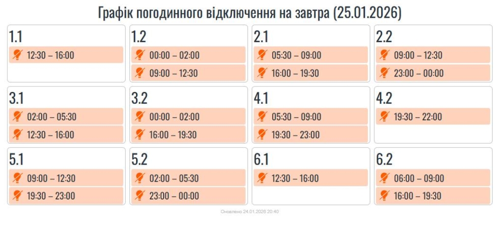 Графіки погодинних вимкнень на Прикарпатті 25 січня 1