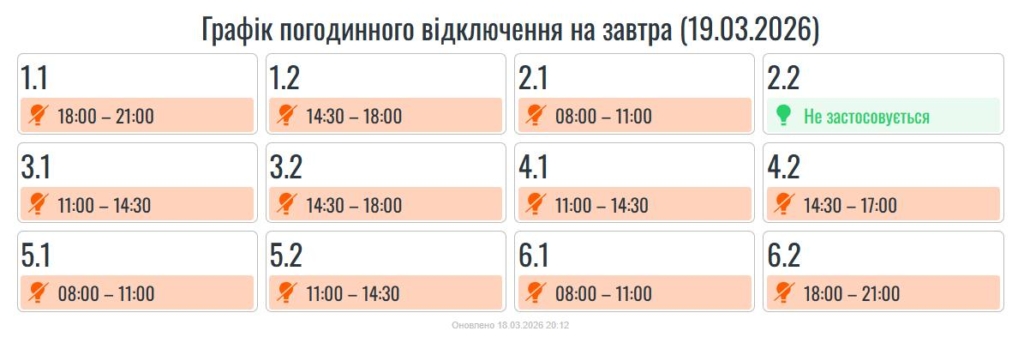 Графіки погодинних вимкнень на Прикарпатті 19 березня 1