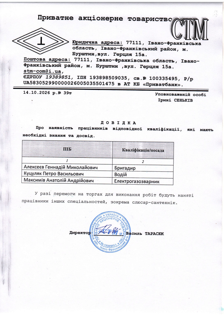 довідка приватного акціонарного товариства СМТ наявність працівників